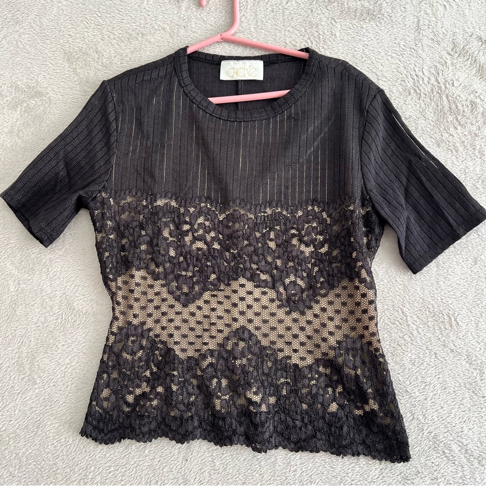 Cache Blouse Crop Top Women's Size Large Sheer‎ Lace Overlay Witchy Black Y2K